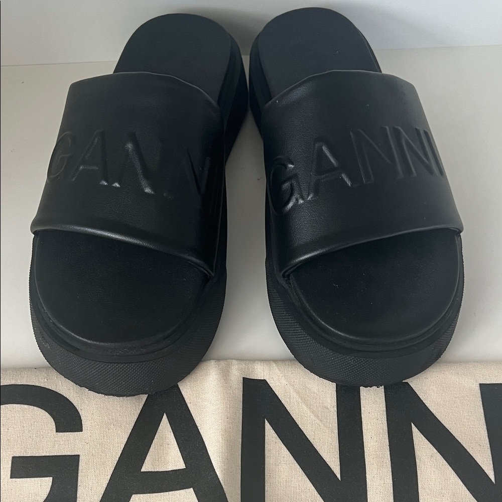 Ganni Black Embossed Slide Sandals
